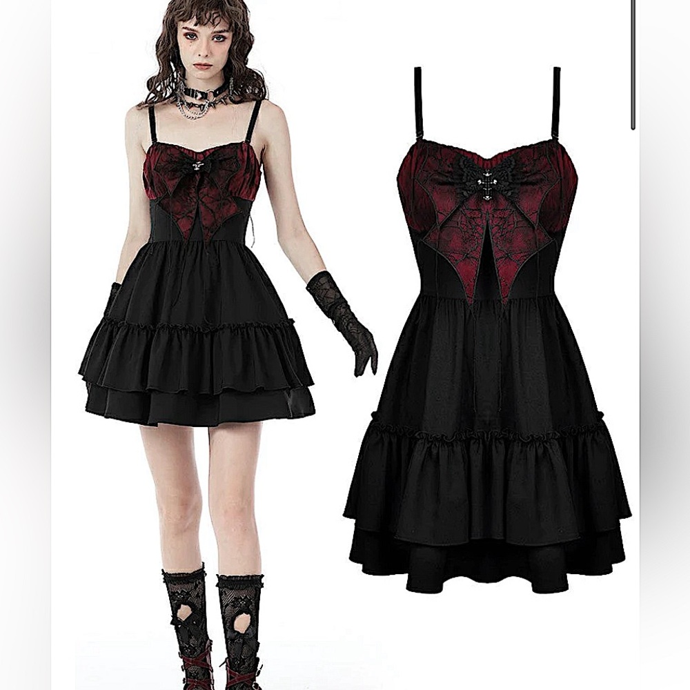 Dark In Love size small gothic spider bow frilly strap dress